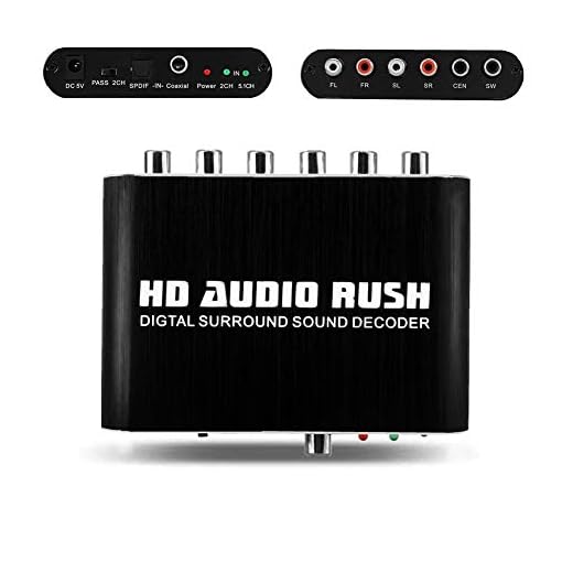 Audio DTS Converter, 5.1 CH RCA Digital Fiber-Optic Coaxial to Analog with Coaxial Cable for Vga Monitors, TV Boxes, Power Adapters, 5.1 Audio, Projectors - Black(us)