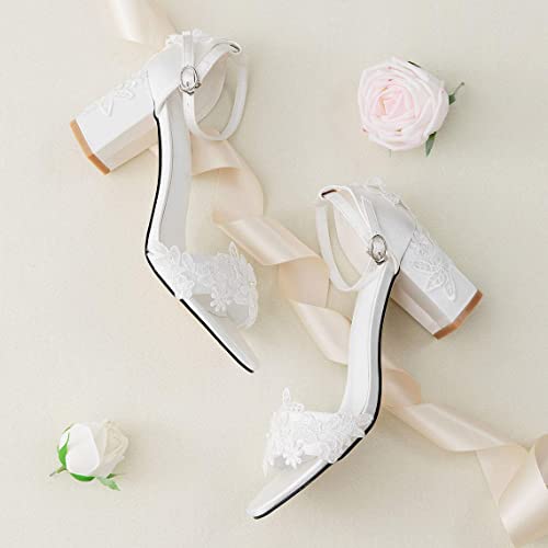 Women's Bridal Shoes Open Toe Comfortable Mid Block Heel Lace Satin Ankle Strap Wedding Dress Pump Sandals2