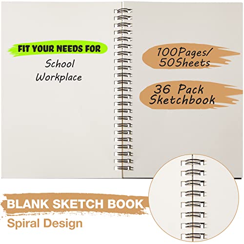 36 Pack Blank Spiral Notebook Unlined Spiral Notebook Bulk A5 Soft Cover Students Sketchbook Pad Memo Notepad 100 Pages/ 50 Sheets,8.3 X 5.5 Inches #TOP3
