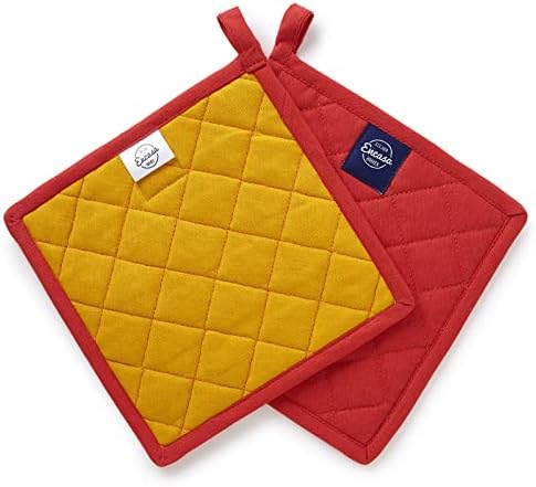 Encasa Heat Resistant Cotton Pot Holders with Hanging Loop - Set of 2 - Mango - Multipurpose Quilted Everyday Hot Pad for Kitchen, Camping, BBQ & Microwave - 8 in