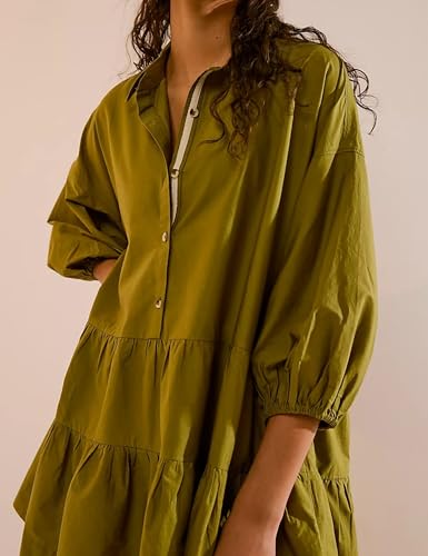 Image of HangNiFang Women's Summer Babydoll Mini Dress Flowy Puff Sleeve Tiered Button Down Oversized Tunic Dress with Pockets