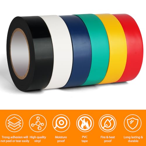 OFFCUP Electrical Tape, 6 Rolls 19mm*20m PVC Insulation Tape, Moisture Waterproof Strong Self-Adhesive Electrical Insulation Tape for Masking Repairing and Protecting Electrical Wires DIY (6 colors) - Image 3