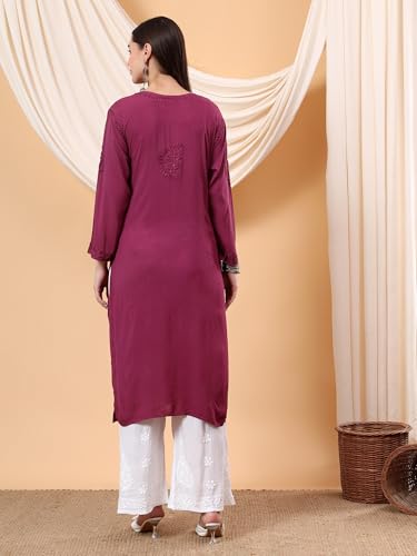 Image of POSHAK CHIKAN STUDIO Women's Hand Embroidered Lucknowi Chikankari Modal Straight Long Kurta, heer