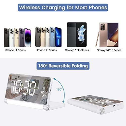 Mexyz Digital Alarm Clock With Wireless Charging, Alarm Clock For Bedroom, Desk, Office, 5 White Noise Sounds, 3 Colors Night Light, Led Foldable Bedside Clock With 12/24H, Temperature, Large Display #TOP2