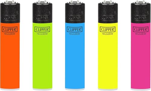 Clipper - Classic Large Reusable Lighter - Iconic Premium Refillable Lighters - 5 Pack - Solid Flourescent