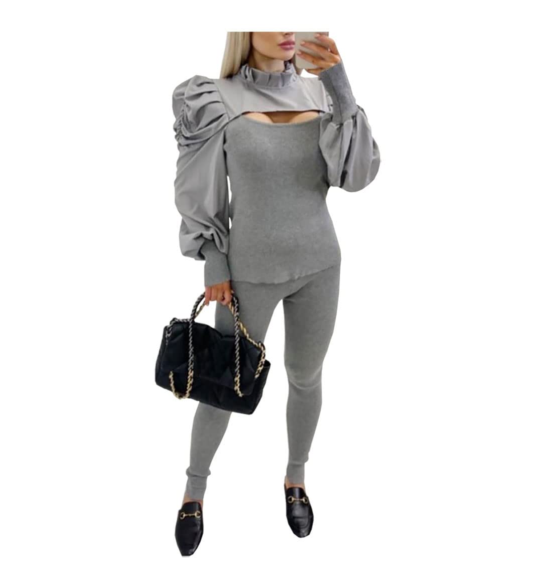 Damski dres z falbanką z wycięciami z przodu damski strój wypoczynkowy do joggingu Co ord komplet garnituru, Grey, 38