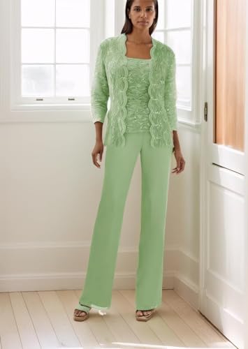 3Pcs Women's Mother of The Bride Pant Suits Chiffon Sequin Lace Grandmother of The Pant Suits for Wedding Petite Aqua Formal Evening Gowns Us22