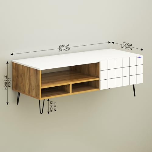 Image of Anikaa Axiora Engineered Wood Floor Standing TV Unit for Living Room | Modern Entertainment Console with 3-Open Boxes & 1-Closed Door Storage | Giantwood & White DIY (Do-it-Yourself) Installation