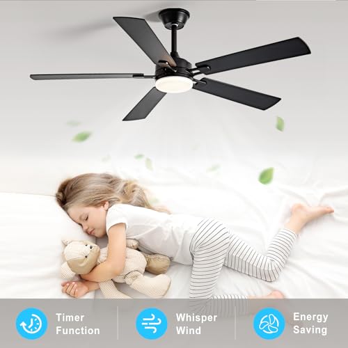 Image of Depuley 52-inch Ceiling Fan with Light: Black Ceiling Fan for Living Room Indoor Outdoor - Modern Ceiling Fan with Remote Control 3CCT Dimmable Noiseless 5 Reversible Walnut Blades 6 Speeds Timer