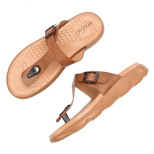 Image of Legwork Women's Orthopaedic T-Strap Thong Sandal | Acupressure Massage Footbed | EVA Cushioned Platform Sole | Doctor Arch Support | Adjustable Buckle Strap | Diabetic Friendly Flat Sandals for Women | UK 3-8 | Brown, Tan, Pink