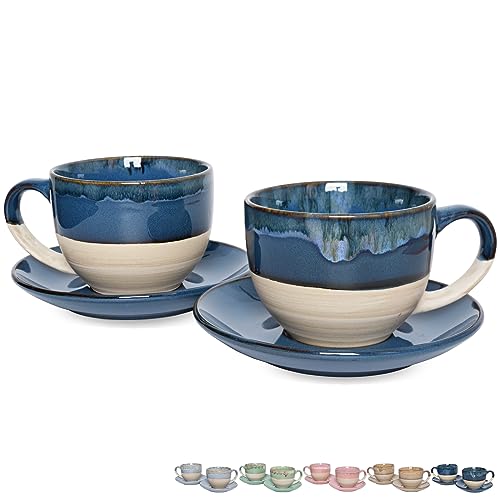 Bosmarlin Ceramic Cappuccino Cup and Saucer Set of 2, 9 Oz, Coffee Cups for Latte, Espresso, Tea, Dishwasher and Microwave Safe, Reavtive Glaze (Deep Blue)