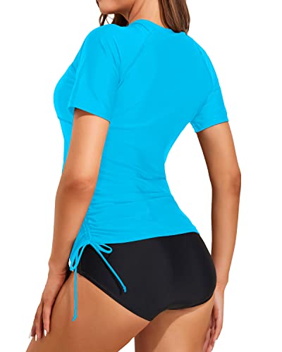 Holipick 2 Piece Rash Guard For Women Short Sleeve Swim Shirt With Bottom Built In Bra Zipper Bathing Suit Upf50 Swimsuit Light Blue #TOP3