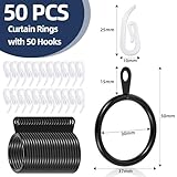 50 Pack Metal Curtain Rings And Hooks, 30mm Internal Diameter Eyelets for Curtain Poles And Rods With 50 White Plastic Hooks, Hoops, For Drapery, Rods and Shower Hanging, Black - Image 2