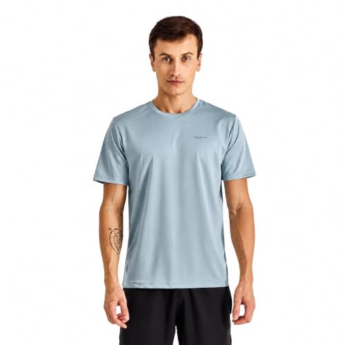 Image of Pepe Jeans Men's Solid Polyester Regular Fit T-Shirt | Lightweight Quick-Dry Athleisure Tee for Sports, Gym & Casual Wear | Moisture-Wicking Fabric | Round Neck | Short Sleeves | Active Comfort