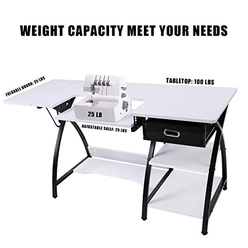 BAHOM 2 in 1 Adjustable Sewing Craft Table Desk with Storage Drawer, Multifunctional Craft Cutting Table with 2 Shelves, Sturdy - White - Thumbnail 6