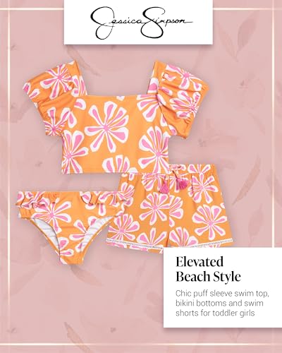 Jessica Simpson Girls Swimsuit Set - 3 Piece Little Girls Bathing Suit with Matching Swim Top, Bikini Bottoms & Swim Shorts2