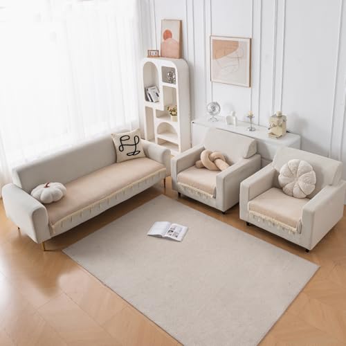 Image of HOKIPO 'Serenity Tassel' Chenille Sofa Cover 5 Seater Set with Tassels - Washable 3+1+1 Sofa Cover Mat | Ivory Fringe (IN-890 * 2 + IN-892 - BGE)