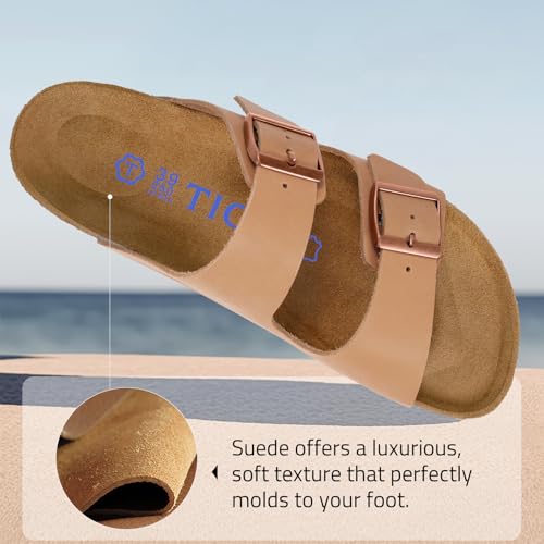 T TICCI Flexible Cork Footbed Sandals for Women - Arch Support Slides with Adjustable Buckle, Genuine Suede & EVA Outsole,2