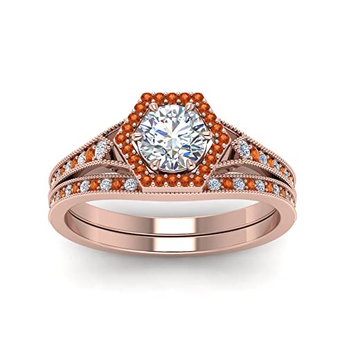 Image of Choose Your Gemstone Vintage Hexagon Halo Bridal Ring Set Rose Gold Plated Round Shape Wedding Ring Sets Matching Jewelry Wedding Jewelry Easy to Wear Gifts US Size 4 to 12