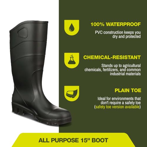 Image of Heartland All Purpose 15 inch Waterproof Work Boots for Men - Lightweight, Flexible Modern PVC Boots with Easy On /Off, Slip-Resistant Outsoles