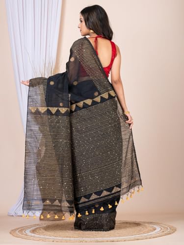 Image of Handloom Muslin Tissue Jamdani Cotton Silk Saree with Sequins Blouse