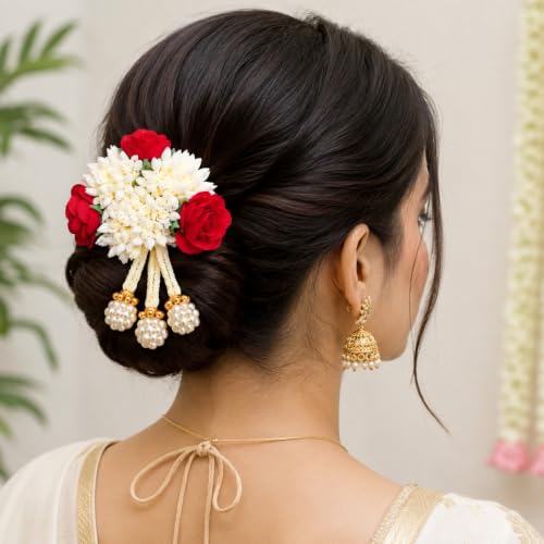 Image of Alvero 12Pc Women Floral Gajra Hair Accessories with Red Roses, White Flowers, Pearl & Golden Bead Tassels - Traditional Indian Bridal Hair Decoration for Wedding, Festive, Ethnic Hairstyles & Valentine Gifting (12-Piece)