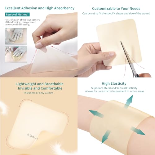 Image of Dimora Hydrocolloid Wound Dressing, 10 Pcs Ultra Thin 4 inch x 4 inch Large Patch Bandages with Self-Adhesive, Fast Healing for Bedsore, Burn, Blister, Acne Care, Sterile and Waterproof