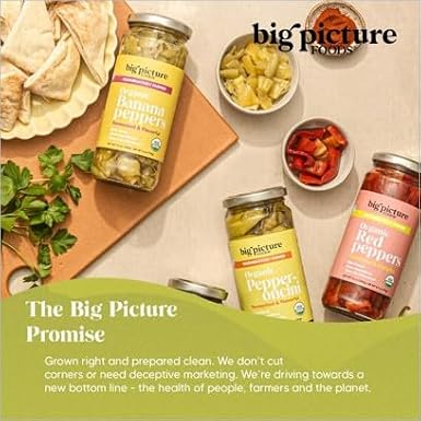 Big Picture Organic Pepperoncini/Whole in Jar - Zesty Macedonian Green Peppers for Antipasti Excellence! Whole, Regeneratively Farmed, and Bursting with Nutrients - Net Wt. 12oz (340g)