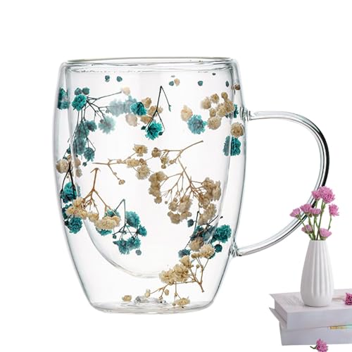 Monozoz Dried Flowers Double Wall Glass Coffee Mugs, Glass Mug Cup Double Wall Insulated Coffee Mugs Espresso Cup, Safe and Decorative Flowers Double Insulated Cup for Milk Chocolate