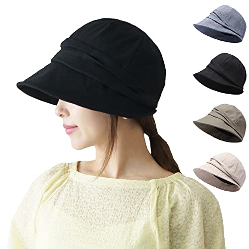 [Superbian] レディース帽子 春夏 UVカット帽子 深め つば広帽子 マジックテープサイズ調整 54～58cm 小顔効果 ふんわりタックデザイン 紫外線対策 母の日 プレゼント キャスケットレディース 医療用帽子 女性用ハット 折り畳み可能 (ブラック)のサムネイル