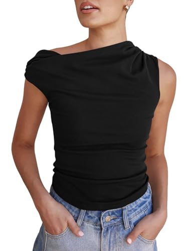 Tankaneo Womens Off The Shoulder Tops Boat Neck Fitted Ruched Shirt Summer Trendy Y2K Going Out Tank Tops