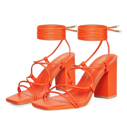 Elisabet Tang Square Toe Strappy Chunky Heels Sandals, 3 inch Women's Lace Up Low Block Heels Ankle Wrap Heels Square Open Toe Tie Up Heeled Sandals for Wedding Dress Shoes