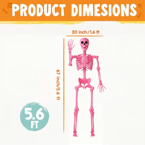 Image of JOYIN 5.6 FT Halloween Posable Skeleton Life Size, Giant Outdoor Yard Skeletons, Pink Plastic Skeleton with Movable Joints for Haunted House Props, Halloween Decorations, Spooky Scary Skeletons Party