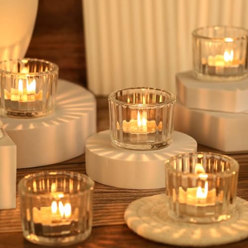 Mahganya Set of 6 Votive Glass Tealight Candle Holders - Christmas Decorations Items for Home Décor Living Room Bedroom Dining Table (Red) - Christmas and Diwali Gifts Multi Color (Clear)
