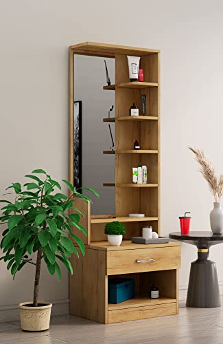 Image of Bniture Wooden Dressing Table for Bedroom with 1 Drawer, Mirror and Huge Storage Space | Long Dresser Vanity Table with Mirror (42D x 60W x 180H CM) | 1 Year Warranty (Giant Wood, HXDR102)