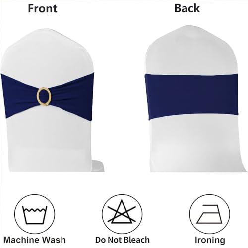 Image of 50 Pack Navy Blue Chair Sashes with Gold Buckle Slider, Spandex Dark Blue Bands Bows for Folding Chairs Gender Reveal Banquet Decor