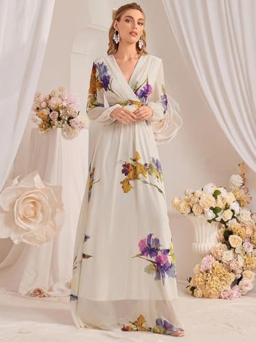 Image of TOLEEN Summer Casual Dresses for Women 2024 Spring Fashion Boho V Neck Long Sleeve Ruffle Floral Print Elegant Maxi Dress