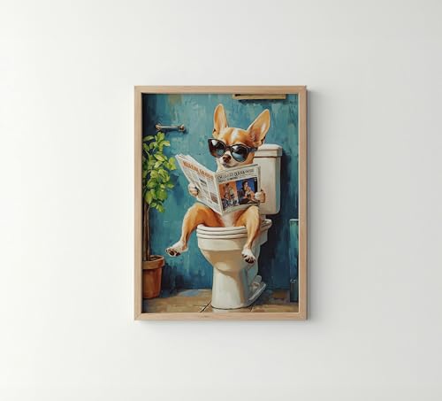 Image of Chihuahua on Toilet Wood Framed Wall Art Print Poster, Dog Bathroom Humor Decor Posters Prints for Restroom Home Picture Painting Artwork Gallery 7 (Chihuahua, 10 inchL x 8 inchW Wood Frame)