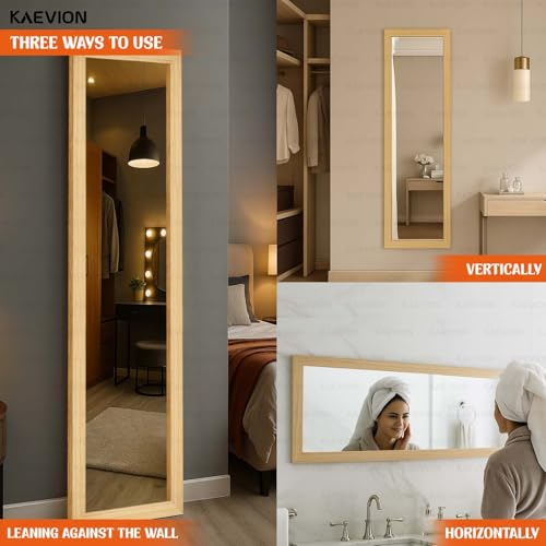 Image of Wood Framed Full Length Mirror, 4ft Wall Mounted Body Mirror with 5mm HD Shatterproof Glass, 3-Way Hanging or Leaning Mirror for Bedroom, Bathroom, Living Room (Natural Wood)