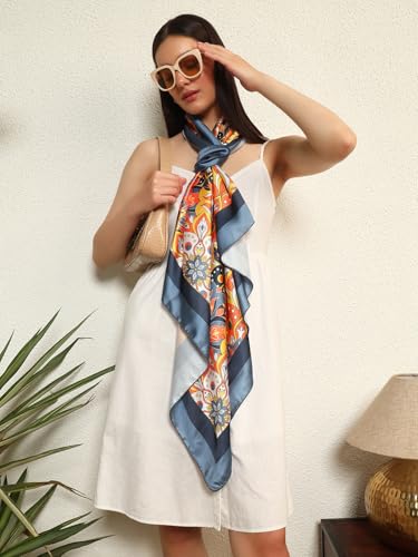 Image of Ravaiyaa - Attitude is everything Women Silk Digital Print Large Square Scarf Breathable Lightweight Neckerchief Printed Headscarf 40 inch x 40 inch Inch