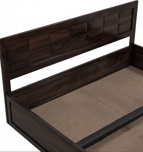 Image of Sheesham Wood Queen Size Bed with Storage Box | Wooden Box Bed Queen Size Double Cot Bed with Storage for Bedroom | Premium Barfi Design Headboard Bed for Living Room | Walnut Finish
