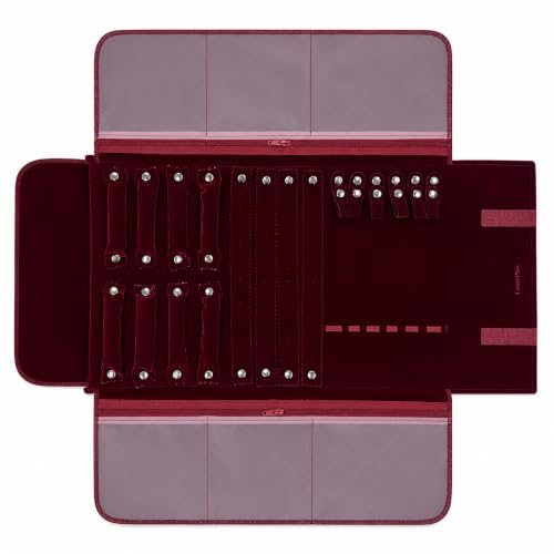 Image of UnionPlus Travel Jewelry Roll Organizer Multiple Compartments, Burgundy