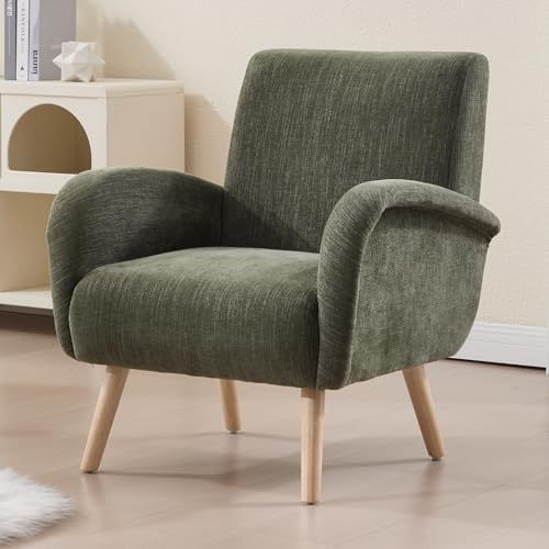 chairus Fauteuil Scandinave en Chenille Fauteuil Relax pour Salon Chambre Chaise de Relaxation avec Pieds en Bois (Vert)