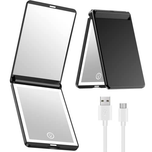 Benbilry Led Lighted Compact Makeup Mirror With Magnetic Switch, [1X/3X Magnification & Type-C Rechargeable & Adjustable Brightness & 300° Flip], Portable Travel Mirror Foldable Handheld Mirror Black #TOP6