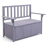 Warmiehomy Garden Storage Bench 2 Seater Garden Bench with Box 135L Wooden Outdoor Storage Benches with Backrest Armrest,Grey
