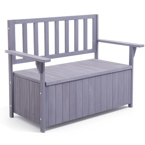 Warmiehomy Garden Storage Bench 2 Seater Garden Bench with Box 135L Wooden Outdoor Storage Benches with Backrest Armrest Grey
