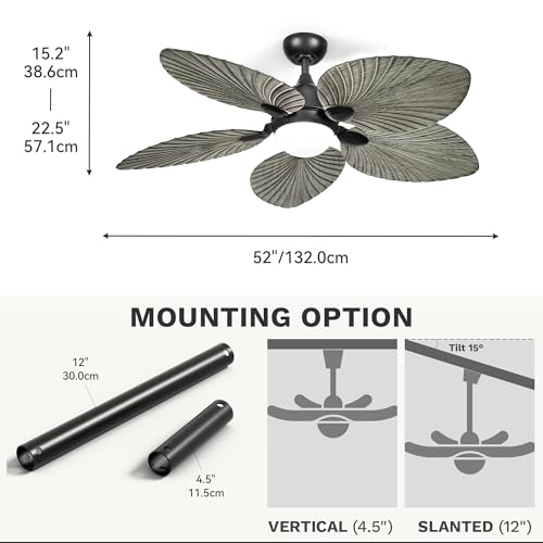 DWVO 52" Ceiling Fans with Lights, Tropical Ceiling Fan with Lights and remote, LED Tri-Color Temperature, Reversible 6 Speeds w/Quiet DC Motor for Living Room, Dining Room, Bedroom