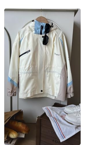 Classic Hooded Jacket, Color Block Design, Cream White with Light Blue and Khak4