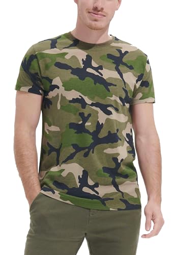 T-Shirt Homme à Manches Courtes, Motif Camouflage, Col Rond, 100% Coton peigné, Bleu et Vert Militaire (FR/ES, Alpha/Lettres, TG, Taille Normale, Taille...
