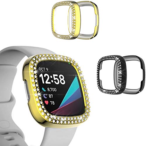 2-Pack Protective Case for Fitbit Sense/Versa 3 Cover, Bling Double Row Crystal Diamonds TPU Plated All-Around Bumper Frame Smartwatch Accessories (Golden Black)